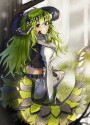 Rule 34 | 1girl, absurdres, arknights, brown eyes, crocodilian, crocodilian tail, dragon horns, dragon tail, estelle (arknights), gloves, green gloves, green hair, grey pants, hair between eyes, highres, horns, long hair, long sleeves, looking at viewer, material growth, mouyuuarts, originium arts (arknights), oripathy lesion (arknights), pants, scar, scar on face, smile, solo, tail, torn clothes, torn pants