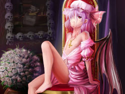 Rule 34 | 1girl, bare shoulders, barefoot, bat wings, blood, blood on face, cross, female focus, flat chest, hair over one eye, hat, highres, inverted cross, md5 mismatch, nipples, open clothes, remilia scarlet, resolution mismatch, saber 01, sitting, skull, solo, source larger, touhou, wings