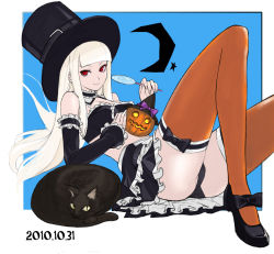 Rule 34 | 10s, 1girl, 2010, ass, black panties, blunt bangs, candy, capcom, capcom fighting jam, cat, dated, detached sleeves, elbow gloves, food, gloves, halloween, hat, ingrid (capcom), legs, lollipop, mary janes, midnight bliss, midriff, orange thighhighs, panties, pantyshot, red eyes, shoes, sitting, smile, solo, tetsu (kimuchi), thighhighs, top hat, underwear, white hair