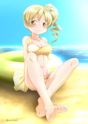 Rule 34 | 1girl, abutomato, beach, bikini, blonde hair, blue sky, blush, breasts, cleavage, closed mouth, cloud, commentary request, day, drill hair, feet, halterneck, highres, innertube, large breasts, long hair, looking at viewer, mahou shoujo madoka magica, multi-strapped bikini bottom, navel, ocean, outdoors, sand, shiny skin, side ponytail, sitting, sky, smile, solo, swim ring, swimsuit, thighs, tomoe mami, tomoe mami (swimsuit costume), water, yellow bikini, yellow eyes