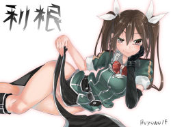 Rule 34 | 10s, 1girl, bad id, bad pixiv id, black gloves, breasts, brown hair, censored, character name, convenient censoring, elbow gloves, gloves, hair between eyes, hair ribbon, hand on own cheek, hand on own face, kantai collection, long hair, looking at viewer, lying, no panties, on side, pelvic curtain, pink eyes, ribbon, single elbow glove, small breasts, smile, solo, tone (kancolle), tone kai ni (kancolle), twintails, twitter username, uniform, vyowolf