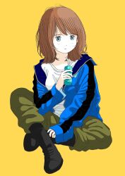 Rule 34 | 1980s (style), 1girl, black footwear, blue eyes, blue jacket, boots, brown hair, drink, drinking straw, full body, green pants, highres, holding, holding drink, jacket, long sleeves, marker (medium), medium hair, oldschool, original, pants, retro artstyle, shirt, simple background, sitting, solo, take (orion transport), traditional media, white shirt, yellow background