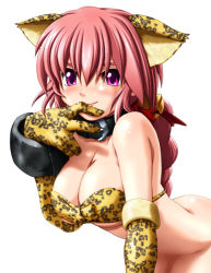 Rule 34 | 1girl, animal ears, bell, bottomless, braid, breasts, caryo, cat ears, cleavage, collar, dark chronicle, elbow gloves, gloves, large breasts, level-5, long hair, monica (dark chronicle), monica raybrandt, no panties, purple eyes, red hair, ribbon, smile, solo