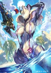 Rule 34 | 1girl, ario, artist name, bodysuit, breasts, breasts apart, dated, day, dutch angle, helmet, large breasts, looking at viewer, multiple girls, outdoors, partially submerged, pink one-piece swimsuit, saryn (warframe), slingshot swimsuit, solo, strap gap, sun, sunlight, swimsuit, wading, warframe, water, water gun, wet