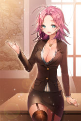 Rule 34 | 1girl, aile (crossroads), arm support, blue eyes, breasts, business suit, cleavage, desk, earrings, fishnets, formal, garter straps, jewelry, large breasts, lens flare, map, miniskirt, necklace, pencil skirt, pink hair, rio (sword girls), skirt, skirt suit, solo, suit, sword girls, thighhighs, window
