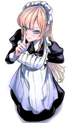 Rule 34 | 1girl, apron, blonde hair, blue eyes, finger to mouth, from above, fufu (fufuichi04), green eyes, hand on own hip, highres, looking at viewer, looking up, maid, maid headdress, original, simple background, solo, white background