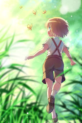 Rule 34 | 10s, 1boy, 2013, absurdres, armin arlert, blonde hair, blue eyes, bug, butterfly, child, dated, grass, highres, bug, male focus, moxue qianxi, open mouth, outdoors, running, shingeki no kyojin, shirt, shoes, shorts, socks, solo, suspenders, walking