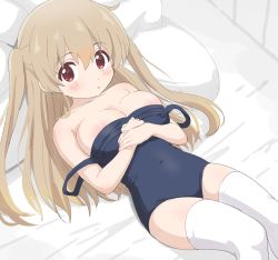 Rule 34 | 1girl, bed, blush, breasts, brown hair, cleavage, collarbone, covered navel, highres, large breasts, long hair, looking at viewer, lying, minagi koharu, on back, on bed, oppai loli, pillow, school swimsuit, sincos, slow loop, solo, swimsuit, thighhighs, two side up