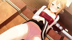Rule 34 | 1girl, blush, breasts, brown hair, cameltoe, clothes lift, donuthouse, embarrassed, game cg, green eyes, kitchen, legs, looking down, mayachi (amuriya), panties, short hair, skirt, skirt lift, small breasts, solo, standing, thighs, underwear, uniform, valkyrie runabout!, white legwear