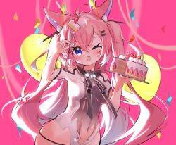 Rule 34 | 1girl, absurdres, animal ears, balloon, cake, confetti, food, fox ears, hair ornament, hairclip, highres, holding, holding food, indie virtual youtuber, long hair, looking at viewer, navel, one eye closed, open mouth, pink background, shippitsu, standing, teletha (vtuber), virtual youtuber