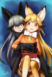 Rule 34 | 10s, 2girls, animal ears, artist name, black bow, black gloves, black pantyhose, blazer, blonde hair, blush, bow, bowtie, brown hair, commentary request, controller, extra ears, ezo red fox (kemono friends), fox ears, fox tail, fur trim, game controller, gloves, gradient background, green hair, grey hair, hair between eyes, highres, holding, hug, hug from behind, jacket, kemono friends, long hair, long sleeves, looking at viewer, multiple girls, open mouth, orange blazer, orange eyes, pantyhose, pleated, pleated skirt, signature, silver fox (kemono friends), sitting, skirt, tail, turn pale, very long hair, welt (kinsei koutenkyoku), white bow, white skirt, wide-eyed, yellow eyes, yellow legwear, yellow neckwear