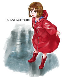 Rule 34 | aida yuu, boots, brown eyes, brown hair, copyright name, gunslinger girl, henrietta (gunslinger girl), leaning forward, open mouth, outstretched arms, raincoat, rubber boots, short hair, smile, solo, standing
