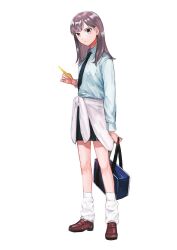 Rule 34 | 1girl, bag, black eyes, black necktie, breasts, brown footwear, brown hair, clothes around waist, commentary request, full body, highres, holding, holding bag, holding pen, loafers, long hair, loose socks, medium breasts, necktie, original, pen, school bag, school uniform, shirt, shirt around waist, shoes, socks, solo, sonoda (mzm)