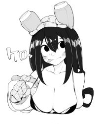 Rule 34 | 1girl, aioi u, asui tsuyu, bare shoulders, bikini pull, boku no hero academia, breasts, cleavage, closed mouth, clothes pull, collarbone, gloves, goggles, goggles on head, greyscale, hair between eyes, hand up, highres, large breasts, long hair, looking away, monochrome, simple background, solo, tongue, tongue out, upper body, white background