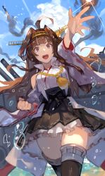 Rule 34 | 1girl, :d, absurdres, ahoge, bare shoulders, blue eyes, blue sky, blunt bangs, breasts, brown hair, bubble, cloud, cowboy shot, dutch angle, hairband, headgear, high-waist skirt, highres, kantai collection, kongou (kancolle), kongou kai ni (kancolle), long hair, looking at viewer, medium breasts, mixed-language commentary, open mouth, outdoors, ribbon-trimmed sleeves, ribbon trim, skirt, sky, smile, solo, thighhighs, uedrk yamato, v-shaped eyebrows, wide sleeves
