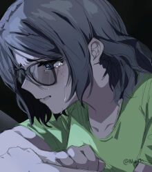 Rule 34 | 1girl, black background, blue eyes, crossed arms, crying, crying with eyes open, from side, glasses, green shirt, highres, love live!, love live! sunshine!!, niant9n, shirt, short hair, simple background, sketch, solo, tears, watanabe you