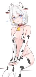 Rule 34 | 1girl, ahoge, animal ears, animal print, bell, bikini, black thighhighs, blue eyes, blue hair, breasts, bridal gauntlets, collar, cow ears, cow horns, cow print, cow print bikini, cowbell, ear tag, elbow gloves, fang, gloves, gosegu, hair between eyes, hands on own thighs, heart, highres, horns, looking at viewer, moong (eveonline44), multicolored hair, navel, neck bell, parted lips, print bikini, print gloves, print thighhighs, red collar, short hair, simple background, sitting, skin fang, small breasts, solo, streaked hair, string bikini, swimsuit, thighhighs, v arms, virtual youtuber, waktaverse, white background, white hair, white thighhighs