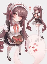 Rule 34 | 1girl, :t, ?, alternate costume, apron, black gloves, black nails, black skirt, blush, boo tao (genshin impact), bow, bowtie, box, box of chocolates, brown hair, chocolate, commentary request, drill hair, elbow gloves, enmaided, fingerless gloves, food, genshin impact, gloves, grin, heart, heart-shaped pupils, high heels, highres, holding, holding chocolate, holding food, hu tao (genshin impact), long hair, looking at viewer, maid, maid apron, maid headdress, mary janes, miho (mymiho), multicolored nails, multiple views, neck ribbon, red bow, red bowtie, red eyes, red nails, red ribbon, ribbon, shirt, shoes, skirt, smile, socks, symbol-shaped pupils, thighhighs, twintails, valentine, very long hair, white shirt, white socks, white thighhighs