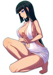 Rule 34 | 1girl, bare shoulders, barefoot, black hair, breasts, cleavage, covered erect nipples, dress, feet, highres, kazuki kisuke, large breasts, lips, long hair, navel, own hands together, parted lips, simple background, solo, thighs, toes, transparent background, very long hair, white background, white dress