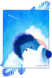 aircraft airplane bear blue_sky cloud contrail day from_below hat highres no_humans original outdoors polar_bear serico simple_bird sky sun_hat tongue tongue_out white_fur