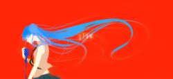 Rule 34 | 1girl, blue hair, glow (vocaloid), hatsune miku, highres, long hair, microphone, nail polish, red background, solo, toma &#039;3&#039;, very long hair, vocaloid