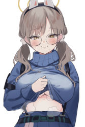 Rule 34 | 1girl, animal ears, blue archive, blue sweater, breasts, brown eyes, brown hair, closed mouth, clothes lift, fake animal ears, glasses, hairband, half-closed eyes, halo, highres, large breasts, long hair, long sleeves, looking at viewer, moe (blue archive), simple background, skirt, smile, solo, suspender skirt, suspenders, sweater, sweater lift, tsumayouji (tumayog), tsurime, turtleneck, turtleneck sweater, twintails, underboob, upper body, white background