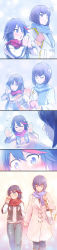 Rule 34 | 10s, 2girls, black hair, blue eyes, blush, coat, eyebrows, gloves, gradient background, highres, kill la kill, kiryuuin satsuki, long image, matoi ryuuko, mittens, multicolored hair, multiple girls, red hair, scarf, short hair, siblings, sisters, tall image, thick eyebrows, two-tone hair, winter, winter clothes, winter coat