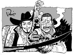 Rule 34 | 3boys, blood, blood on face, buggy the clown, clenched teeth, clown nose, crocodile (one piece), dracule mihawk, face-to-face, facial hair, facial scar, grabbing another&#039;s hair, hat, holding, holding sword, holding weapon, hook, hook hand, humiliation, injury, long hair, looking at viewer, manly, mature male, multiple boys, mustache, nishiponi, oda eiichirou (style), official style, one piece, open mouth, pectorals, pirate hat, scar, scar on cheek, scar on face, scared, serious, short hair, simple background, sitting, smoking, sword, tattoo, teeth, tongue, tongue out, very short hair, weapon, yoru (one piece)