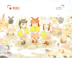 Rule 34 | 6+girls, aardwolf (kemono friends), aged down, alternate costume, animal ears, atlantic puffin (kemono friends), battery indicator, bird tail, bird wings, black-headed ibis (kemono friends), black hair, blonde hair, blurry, blush, braid, cat ears, cheerleader, cheetah (kemono friends), cheetah ears, cheetah print, cheetah tail, child, closed eyes, commentary request, common raccoon (kemono friends), depth of field, extra ears, green eyes, grey hair, hair bobbles, hair ornament, head wings, holding hands, jaguar (kemono friends), jaguar ears, jaguar print, jaguar tail, japanese crested ibis (kemono friends), kemono friends, long hair, looking at viewer, moeki (moeki0329), multicolored hair, multiple girls, nose blush, open mouth, otter ears, otter tail, pleated skirt, pom pom (cheerleading), print legwear, raccoon ears, recording, red hair, sand cat (kemono friends), scarlet ibis (kemono friends), serval (kemono friends), short hair, short twintails, sidelocks, skirt, small-clawed otter (kemono friends), smile, socks, tail, thighhighs, twin braids, twintails, viewfinder, white hair, wings, yellow eyes