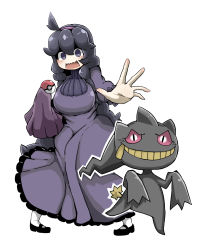 Rule 34 | 1girl, @ @, ahoge, alternate breast size, arm up, banette, black eyes, black footwear, blush, breasts, colored sclera, creatures (company), dress, female focus, full body, game freak, gen 3 pokemon, hairband, hand up, hex maniac (pokemon), highres, knees together feet apart, large breasts, long hair, long sleeves, looking at viewer, matching hair/eyes, nintendo, npc trainer, open mouth, outline, outstretched arm, pigeon-toed, poke ball, poke ball (basic), pokemon, pokemon (creature), pokemon xy, purple dress, purple eyes, purple hair, red sclera, shoes, smile, standing, tail, tazonotanbo, teeth, turtleneck, turtleneck dress, white background, white legwear