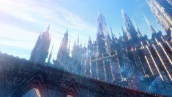 Rule 34 | arch, architecture, blue sky, building, castle, cloud, commentary, day, fantasy, hachio81, highres, lens flare, no humans, original, outdoors, scenery, sky, spire, sunlight, tower