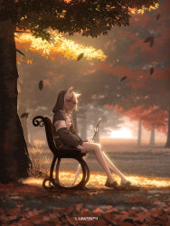 Rule 34 | 1girl, arknights, armband, artist name, autumn, autumn leaves, bench, black jacket, black skirt, brown footwear, camel ears, camel girl, camel tail, chinese commentary, closed mouth, commentary request, dark-skinned female, dark skin, dated, dot mouth, expressionless, falling leaves, flower, frilled shirt, frills, from side, full body, grass, highres, hood, hood up, jacket, leaf, light rays, looking at viewer, looking to the side, lunn, on bench, open clothes, open jacket, outdoors, pantyhose, park bench, purple eyes, purple flower, shirt, shoes, sitting, skirt, solo, sunbeam, sunlight, tree, tuye (arknights), umbrella, white armband, white pantyhose, white shirt, yellow flower