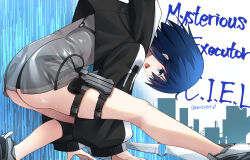 Rule 34 | 1girl, ass, bikini, bikini under clothes, black bikini, black jacket, blue background, blue eyes, blue hair, c.i.e.l (fate), character name, ciel (tsukihime), fate/grand order, fate (series), from side, grey footwear, habit, highres, jacket, looking at viewer, nun, open mouth, see-through clothes, shoes, solo, swimsuit, tsukihime, twitter username, two-tone background, vent vert (kuuya), white background