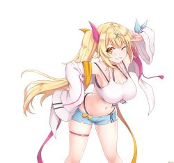 Rule 34 | 1girl, absurdres, ahoge, arm up, armpits, bare shoulders, blonde hair, blue shorts, breasts, choker, cleavage, crop top, front-tie top, grin, hair ornament, hair ribbon, hand on own hip, highleg, highres, hoshikawa sara, hoshikawa sara (1st costume), jacket, large breasts, leaning forward, long hair, long sleeves, looking at viewer, midriff, mikotoplus, multicolored hair, navel, nijisanji, off shoulder, one eye closed, open clothes, open jacket, ribbon, shirt, short shorts, shorts, side ponytail, simple background, skindentation, sleeveless, sleeveless shirt, smile, solo, standing, stomach, streaked hair, thigh strap, thighs, very long hair, virtual youtuber, white background, white jacket, white shirt, x hair ornament, yellow eyes
