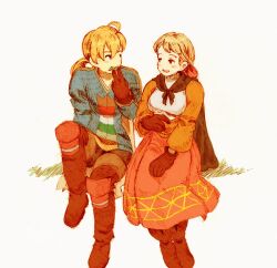 Rule 34 | 1boy, 1girl, ahoge, alma beoulve, artist request, blonde hair, blush, boots, breasts, brother and sister, cape, dress, final fantasy, final fantasy tactics, gloves, hair ribbon, non-web source, ponytail, ramza beoulve, ribbon, shirt, siblings, simple background, small breasts, smile, whistle
