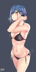 Rule 34 | 10s, 1girl, absurdres, artist name, bikini, black bikini, blue hair, blush, breasts, cleavage, collarbone, commentary request, darling in the franxx, green eyes, hair ornament, hairclip, highres, ichigo (darling in the franxx), kuraken, looking at viewer, medium breasts, navel, parted lips, short hair, side-tie bikini bottom, solo, standing, steaming body, sweat, swimsuit