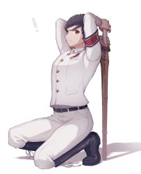 Rule 34 | 1boy, armband, arms behind head, arms up, belt, black footwear, black hair, boots, closed mouth, commentary request, danganronpa: trigger happy havoc, danganronpa (series), frown, full body, highres, holding, ishimaru kiyotaka, jacket, knee boots, long sleeves, looking at viewer, male focus, mizukura ion, on one knee, pants, red eyes, short hair, simple background, solo, sword, weapon, weapon request, white background, white gakuran, white jacket, white pants, wooden sword