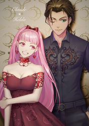 Rule 34 | 1boy, 1girl, absurdres, alternate costume, bare shoulders, belt, black legwear, black shirt, blunt bangs, bow, breasts, brown hair, choker, claude von riegan, cleavage, closed mouth, collarbone, couple, dress, dress shirt, earrings, eyelashes, fire emblem, fire emblem: three houses, formal, grabbing own arm, green eyes, grin, heart, heart earrings, highres, hilda valentine goneril, jewelry, large breasts, lipstick, long hair, makeup, matching hair/eyes, medium breasts, necktie, nintendo, off-shoulder dress, off shoulder, one eye closed, pink eyes, pink hair, piyopipi ex, red dress, shirt, short hair, side-by-side, sideburns, smile, spiked hair, suit, teeth, thighs, twintails