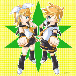 Rule 34 | 1boy, 1girl, blonde hair, blue eyes, brother and sister, detached sleeves, hair ornament, hairclip, headphones, kagamine len, kagamine rin, lowres, midriff, one eye closed, ribbon, short hair, shorts, siblings, twins, vocaloid, wink