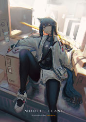 Rule 34 | 1girl, absurdres, animal ears, arknights, artist name, backlighting, black hair, black pantyhose, black sweater, box, brown eyes, cardboard box, character name, day, highres, holding, holding sword, holding weapon, jacket, jewelry, knee up, lemtun, long hair, long sleeves, looking at viewer, mouth hold, necklace, official alternate costume, open clothes, open jacket, pantyhose, pantyhose under shorts, shoes, short shorts, shorts, sneakers, solo, sunlight, sweater, sword, tail, texas (arknights), texas (winter messenger) (arknights), weapon, white footwear, white jacket, white shorts, wolf ears, wolf girl, wolf tail