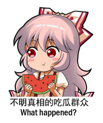 Rule 34 | 1girl, :t, bilingual, blouse, blush stickers, bow, chinese text, eating, english text, food, fruit, fujiwara no mokou, hair bow, holding, jokanhiyou, mixed-language text, multi-tied hair, pink hair, red eyes, shirt, simple background, solo, touhou, watermelon, white background, white shirt