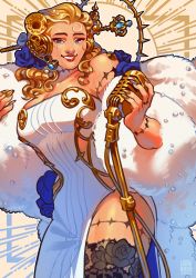 Rule 34 | 1girl, abstract background, alternate costume, bare shoulders, black thighhighs, blonde hair, blue eyes, blue flower, blue gemstone, blue nails, blue rose, body markings, bolt (hardware), breasts, cleavage, clothing cutout, collarbone, commentary, cowboy shot, curly hair, dated, dress, english commentary, feather boa, floral print, flower, gem, gold nails, gold trim, grin, hair flower, hair ornament, headset, highres, holding, holding microphone stand, japhers, lace, lace legwear, large breasts, long hair, looking at viewer, microphone, microphone stand, nail art, nail polish, pearl (gemstone), red lips, rose, side cutout, side slit, signature, smile, solo, strapless, strapless dress, sweet ann, thighhighs, vocaloid, white dress