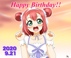 Rule 34 | 1girl, alternate hairstyle, aqua eyes, artist name, artist request, back bow, blush, bow, breasts, brightest melody, cleavage, clenched hands, cloud, collarbone, day, double bun, dress, female focus, frilled dress, frills, green eyes, hair between eyes, hair bun, jewelry, kurosawa ruby, looking at viewer, love live!, love live! sunshine!!, nail polish, nails, open mouth, orange nails, orange sky, outdoors, parted lips, puffy short sleeves, puffy sleeves, purple bow, red hair, rilca ouse, riruka sakurase, short hair, short sleeves, sky, small breasts, smile, solo, tiara, white detached collar, white dress, white wrist cuffs, wrist cuffs