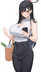 Rule 34 | 1girl, absurdres, black hair, black pants, blue archive, blush, breasts, bright pupils, cellphone, cleavage, cleavage cutout, clothing cutout, cowboy shot, ddog, food, hair ornament, hairpin, halo, heart, highres, holding, holding phone, large breasts, long hair, milk carton, pants, parted lips, phone, red eyes, ribbed sweater, rio (blue archive), simple background, sleeveless, sleeveless sweater, smartphone, solo, spring onion, sweater, vegetable, watch, white background, white pupils, white sweater, wristwatch