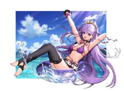 Rule 34 | 1girl, :d, absurdres, armpits, arms up, bare arms, bare shoulders, bb (fate), bb (fate) (all), bb (swimsuit mooncancer) (fate), bb (swimsuit mooncancer) (second ascension) (fate), bead bracelet, beads, belt, bikini, black skirt, black thighhighs, blue sky, bracelet, breasts, cleavage, cloud, cloudy sky, day, earrings, fate/grand order, fate (series), hair ribbon, hairband, highres, innertube, jewelry, large breasts, light rays, long hair, looking at viewer, miniskirt, monini, nail polish, navel, ocean, open mouth, outdoors, palm tree, purple bikini, purple eyes, purple hair, purple ribbon, ribbon, skirt, sky, smile, solo, star (symbol), star earrings, sunbeam, sunlight, swim ring, swimsuit, thighhighs, toeless legwear, toenail polish, toenails, tree, very long hair, water