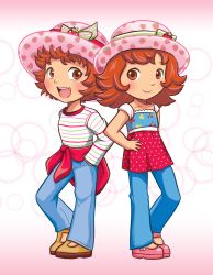 Rule 34 | 2girls, commentary, commission, english commentary, food, hat, highres, j8d, mary janes, multiple girls, no socks, red hair, resolution mismatch, shoes, source smaller, strawberry shortcake (copyright), strawberry shortcake (sbsc)