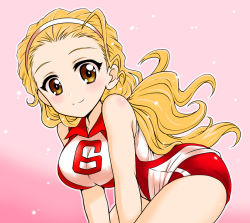 Rule 34 | 1girl, bent over, blonde hair, breasts, brown eyes, closed mouth, commentary, girls und panzer, hair pulled back, hairband, kuromori yako, large breasts, leaning forward, light particles, long hair, looking at viewer, pink background, ponytail, red shirt, red shorts, sasaki akebi, shirt, short shorts, shorts, single vertical stripe, sleeveless, sleeveless shirt, smile, solo, sportswear, standing, thighs, volleyball uniform, white hairband