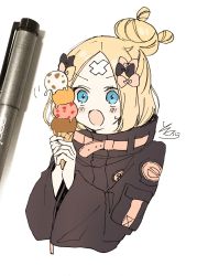 Rule 34 | 1girl, abigail williams (fate), abigail williams (traveling outfit) (fate), art tools in frame, black bow, black jacket, blonde hair, blue eyes, blush, bow, cropped torso, crossed bandaids, fate/grand order, fate (series), food, hair bow, hair bun, hands up, heroic spirit traveling outfit, highres, holding, holding food, ice cream cone, jacket, long hair, long sleeves, looking away, multiple hair bows, official alternate costume, open mouth, orange bow, parted bangs, photo (medium), quadruple scoop, signature, simple background, single hair bun, sofra, solo, sweat, traditional media, upper body, white background