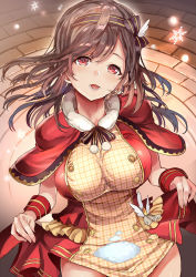 Rule 34 | 1girl, bow, breasts, brick floor, brown bow, brown hair, commentary request, dress, fur collar, hair between eyes, hair bow, himuro shunsuke, holding, holding clothes, holding skirt, idolmaster, idolmaster shiny colors, large breasts, long hair, looking at viewer, open mouth, patterned clothing, pink eyes, ponytail, red dress, short sleeves, skirt, snowflakes, snowing, swept bangs, thighs, tsukioka kogane, wrist cuffs