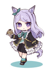 Rule 34 | 1girl, :o, animal ears, black footwear, black jacket, black skirt, blue socks, blush, boots, bow, chibi, colored shadow, commentary request, ear ribbon, food request, fork, frilled jacket, frills, full body, green bow, green ribbon, holding, holding fork, holding plate, horse ears, horse girl, horse tail, jacket, long hair, long sleeves, looking at viewer, mejiro mcqueen (umamusume), nozo (hitomiz), parted lips, plate, pleated skirt, purple eyes, purple hair, ribbon, shadow, short eyebrows, skirt, sleeves past wrists, socks, solo, standing, standing on one leg, tail, thick eyebrows, umamusume, very long hair, white background